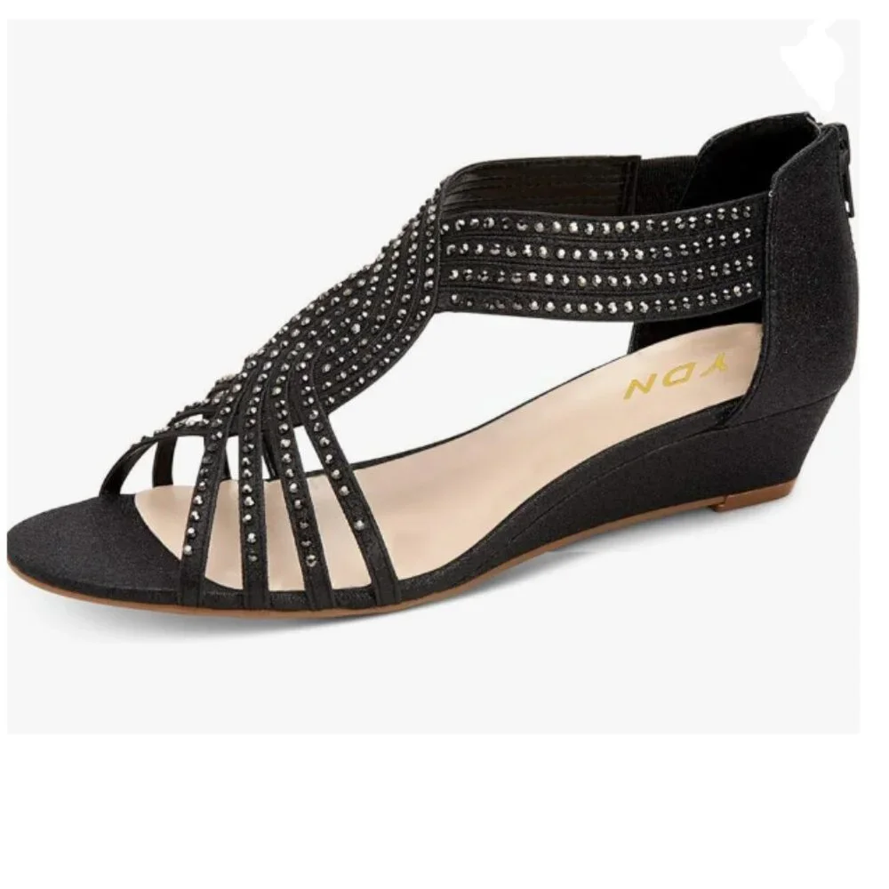 YDN Black Wedge Glitter Open Toe Rhinestones Cross Over Straps Mid Heel Sandals - Picture 1 of 8